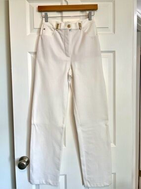 Vintage St John High Rise Pants White Straight Leg Stretch Gold Logo Hardware 26